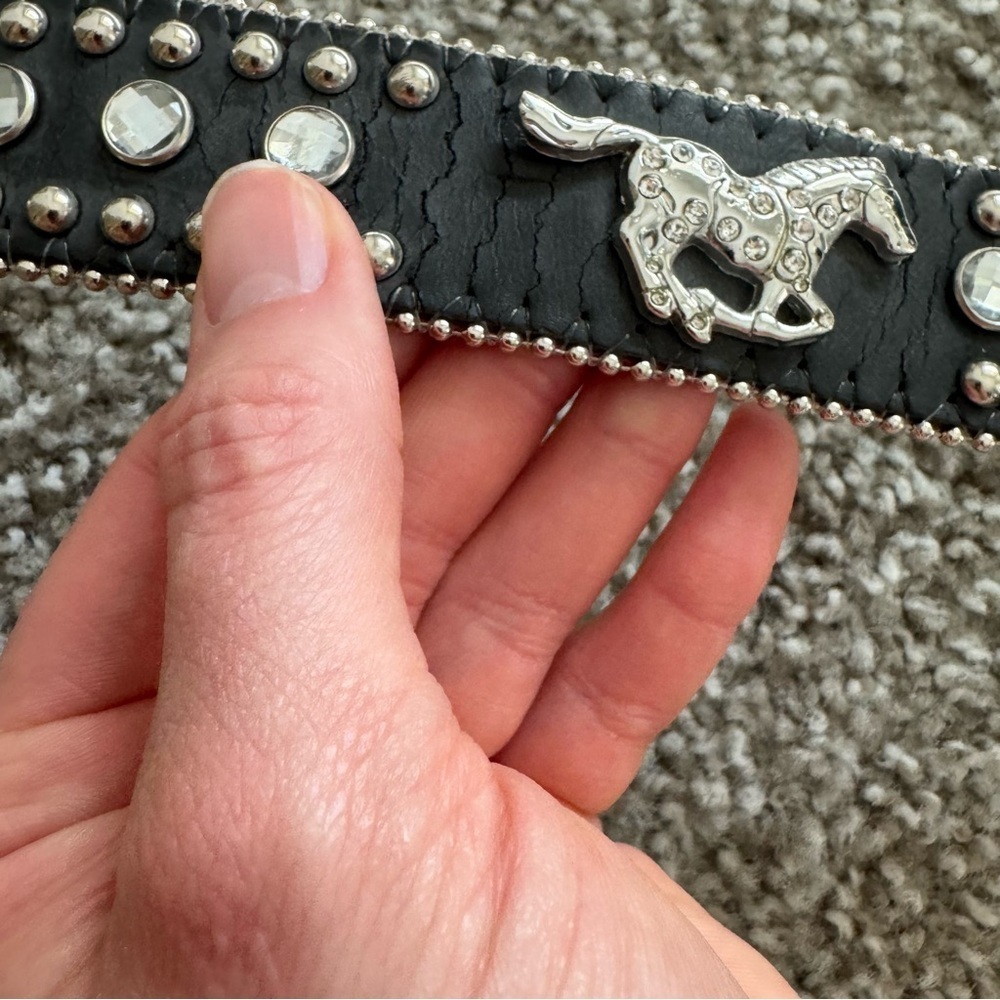 Nocona Leather Belt 26 Black Studded Rhinestone Sliver Bling Cowgirl Y2K Boho‎ - Picture 7 of 14